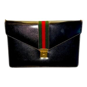 Gucci Vintage Sherry WEB Envelope Push Lock Clutch Made In Italy